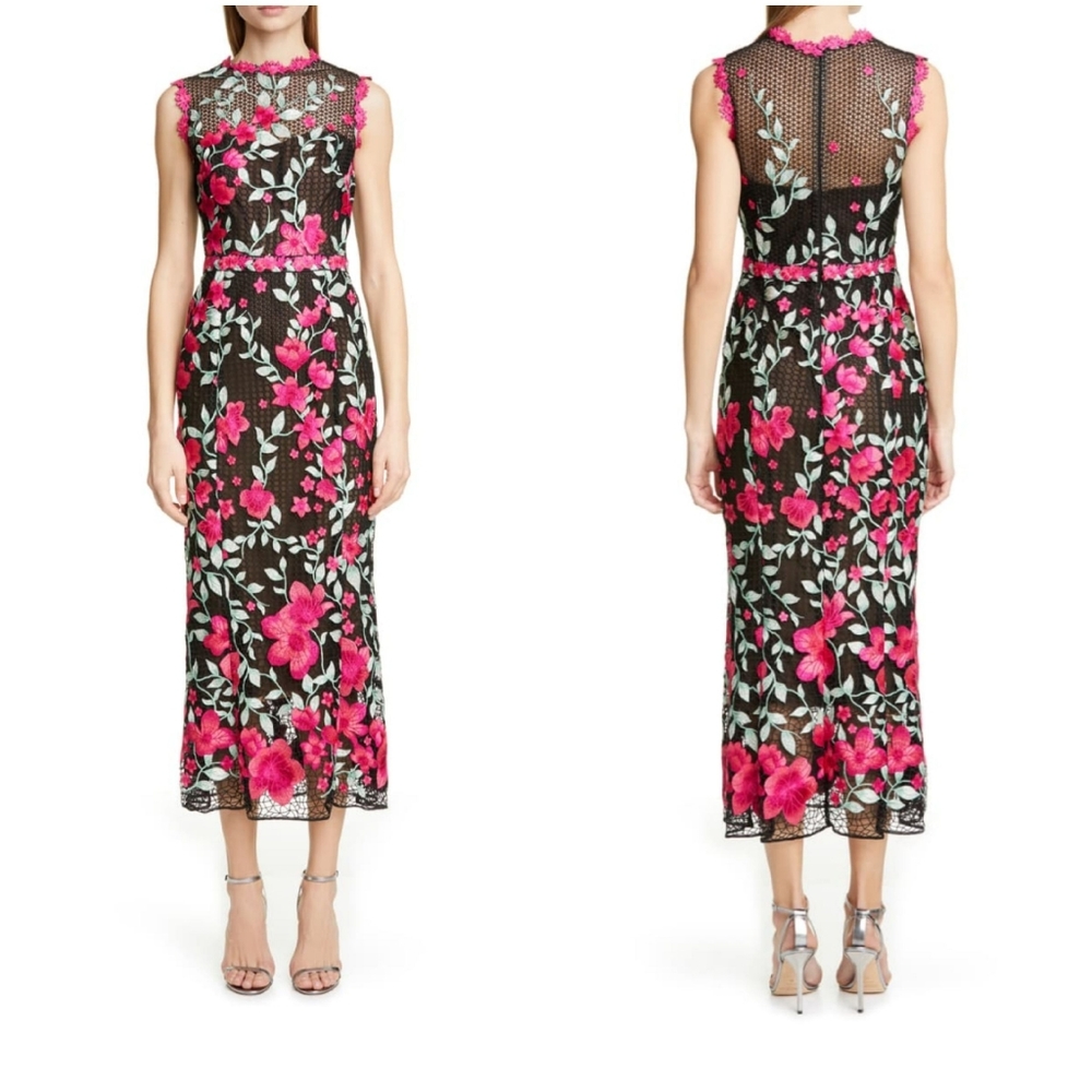 NEW Marchesa Notte Floral Emboidered Midi Dress